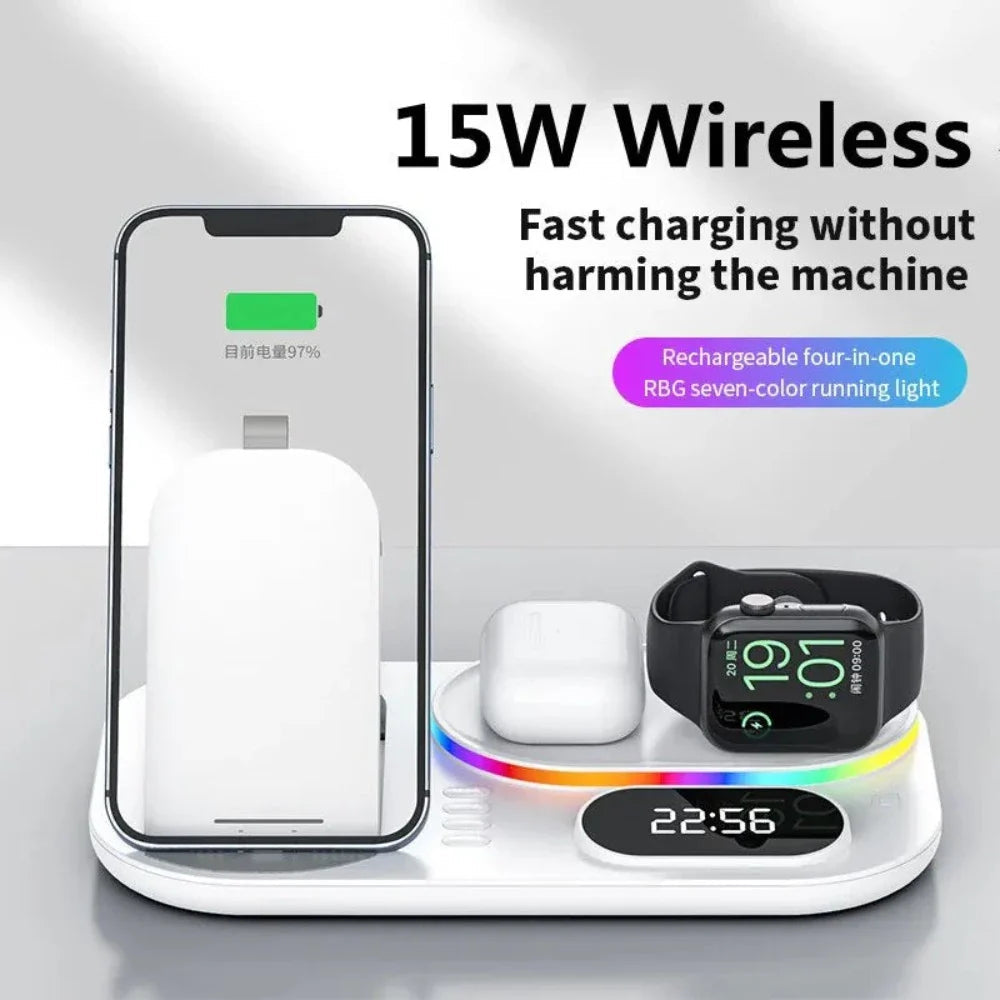 Wireless charger, 4-in-1 wireless charging station with LED night light, digital clock, alarm clock for AirPods & Watch, suitable for Apple iPhone, Samsung Galaxy and all Qi-enabled devices.