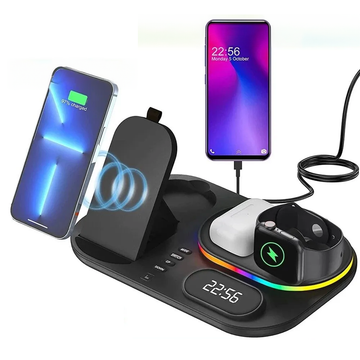 Wireless charger, 4-in-1 wireless charging station with LED night light, digital clock, alarm clock for AirPods & Watch, suitable for Apple iPhone, Samsung Galaxy and all Qi-enabled devices.